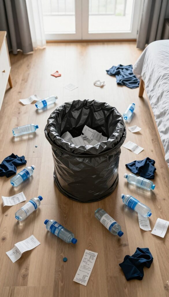 A person's hands placing clutter into a laundry basket and trash bag on a bedroom floor during a 10-minute declutter blitz.
