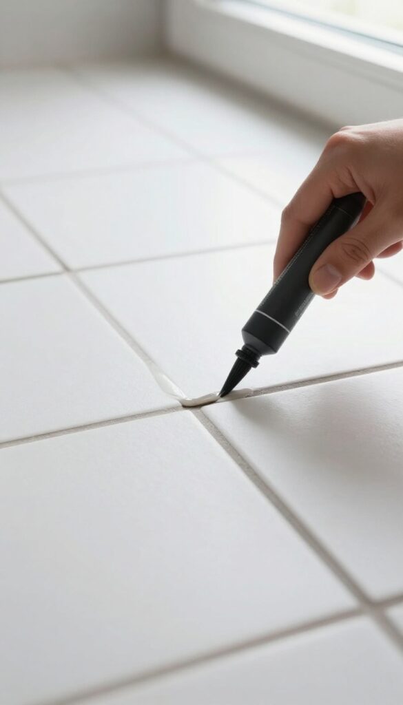 Hand applying grout pen to refresh grout color on bathroom floor tiles