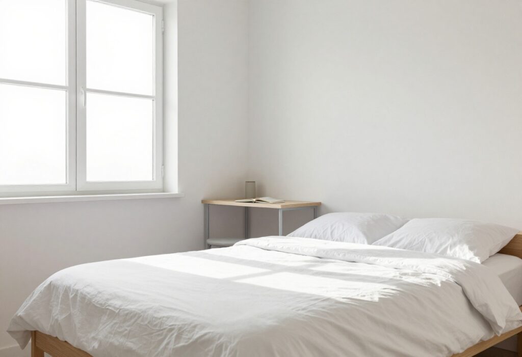 A clean and organized bedroom with sunlight, a made bed, and a tidy desk.