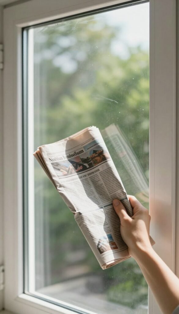 Hand polishing a clean window with crumpled newspaper, achieving a streak-free shine in bright sunlight.