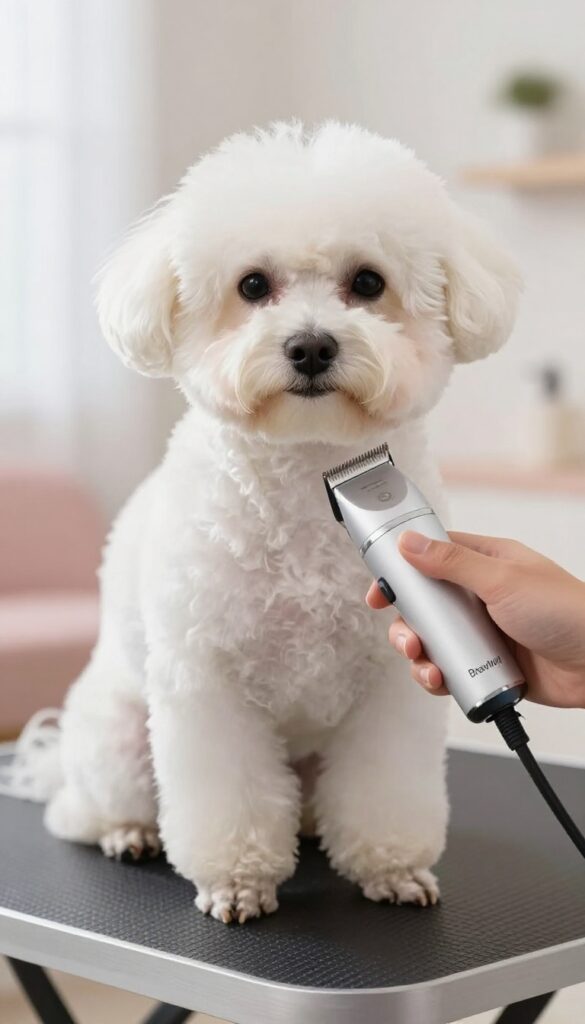 Small white dog being groomed with a Wahl BravMini clipper on a sunlit table