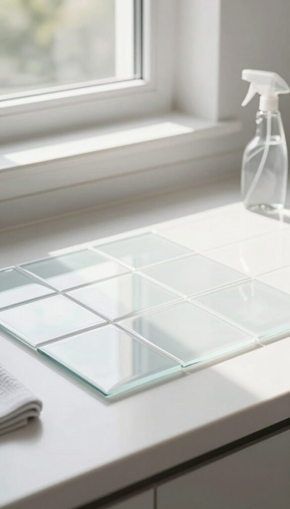 Sparkling clean glass tile backsplash with spray bottle and microfiber cloth, bright natural light