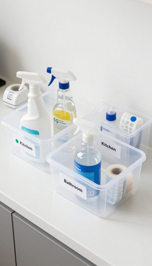 Clear bins labeled by room for organizing cleaning products
