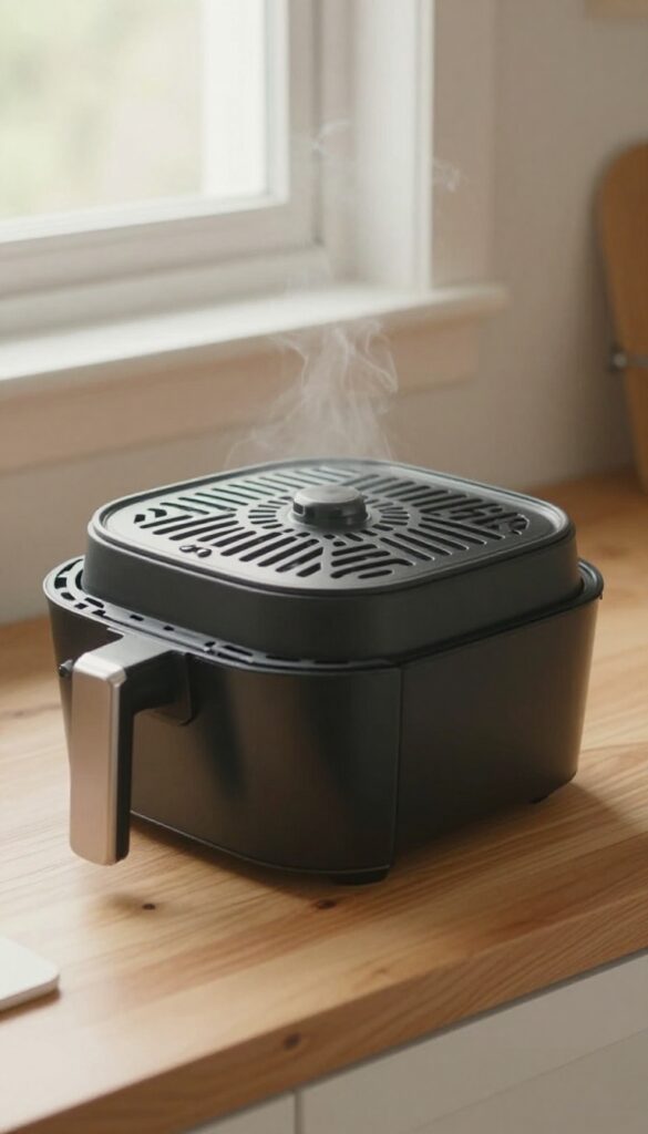 Air fryer basket cooling on a trivet in a sunlit kitchen