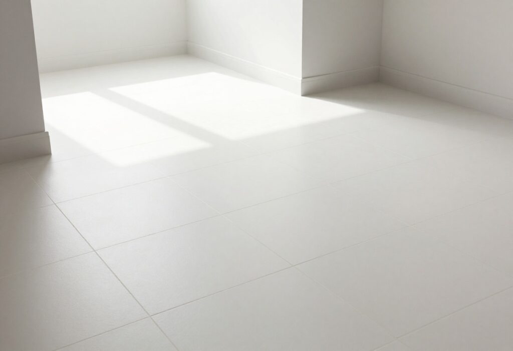 Clean tile floor with mop and bucket, bright sunlight, shiny tiles and clean grout