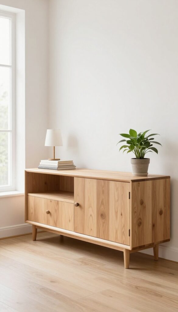 A wooden cabinet dog crate styled as a sideboard in a bright living room with decor on top.