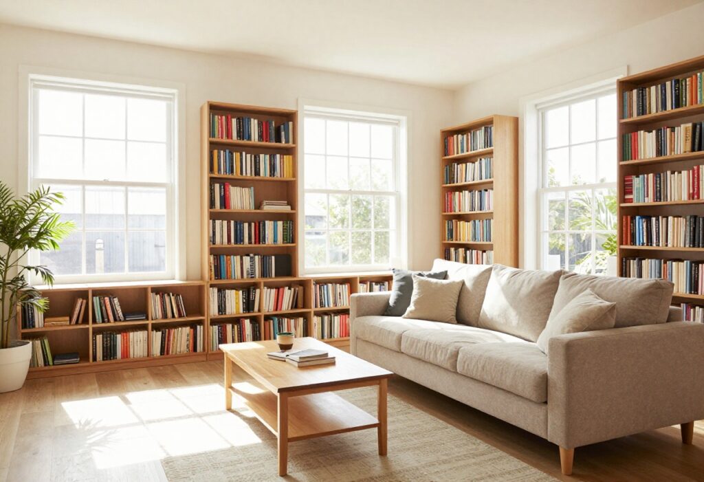 Clean and organized living room with sunlight, coffee table, and cozy sofa