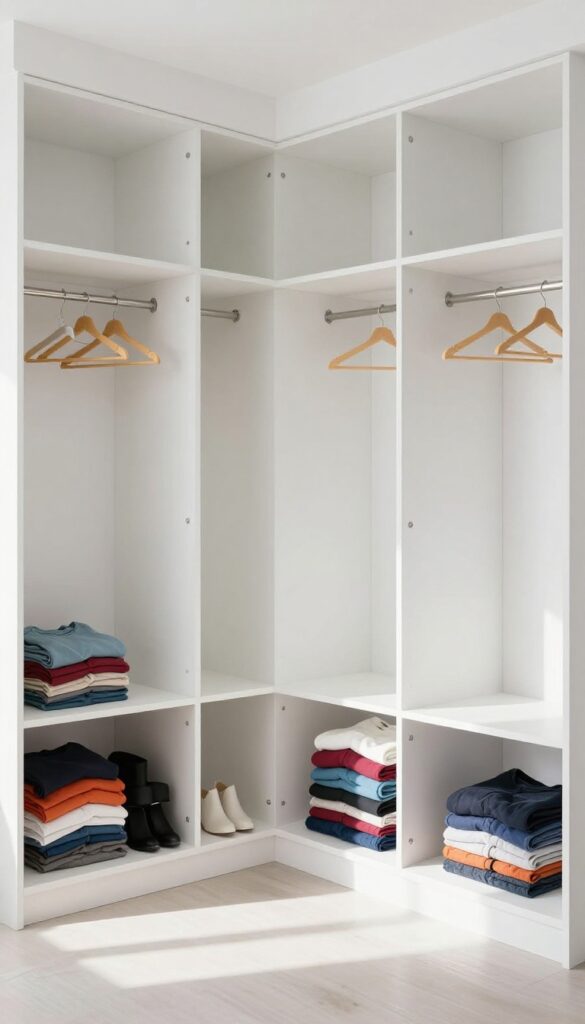 A completely emptied closet with clothes sorted on the bed and floor, ready for decluttering.