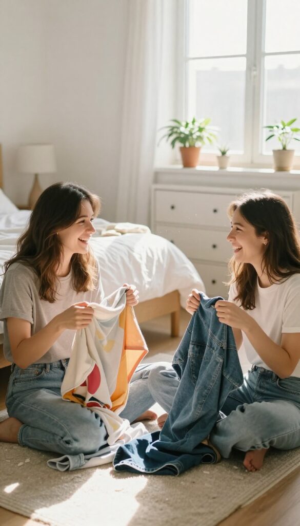Two friends cleaning and folding laundry together in a sunny, organized bedroom