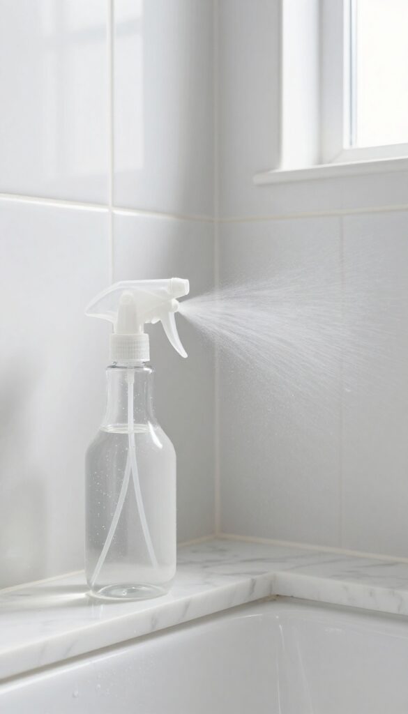A spray bottle on a bathroom shelf, misting clean shower grout in bright natural light.