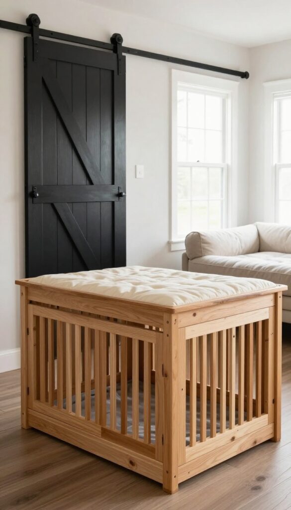 Dog crate with sliding barn door in a bright living room, topped with a cushion for seating
