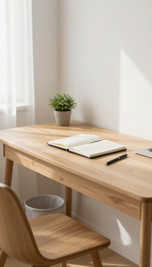 A small trash bin placed under a clean desk, with a laptop and notebook on the surface, bright natural light.