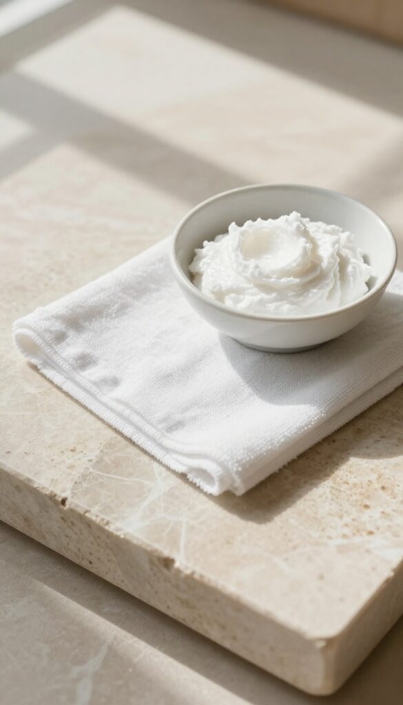 Natural stone floor polish with cornstarch and water, showing a soft shine after buffing