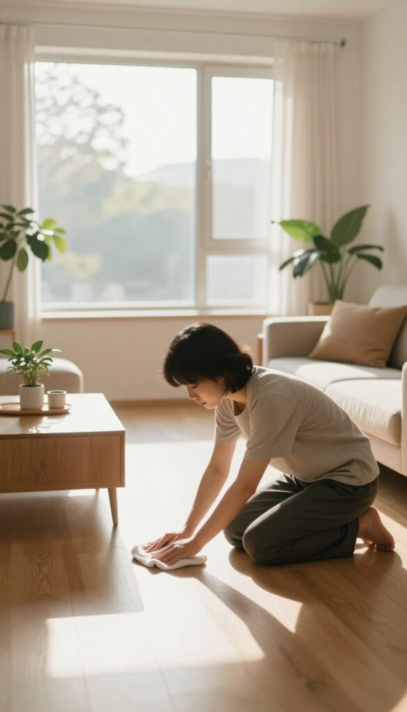 Person deep cleaning a living room, wiping baseboards in bright natural light
