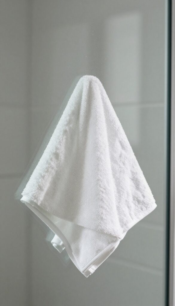 A person buffing a glass shower door with a dry microfiber cloth for a streak-free shine.