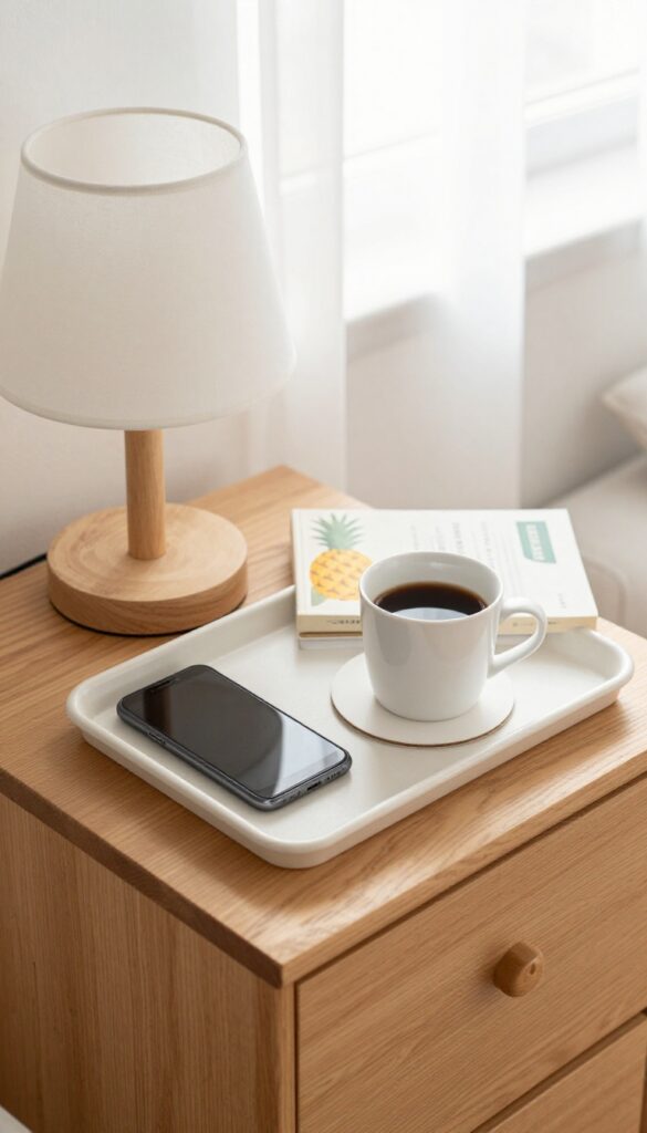 A tidy nightstand corner with a phone and coffee cup, representing a small cleaning win.