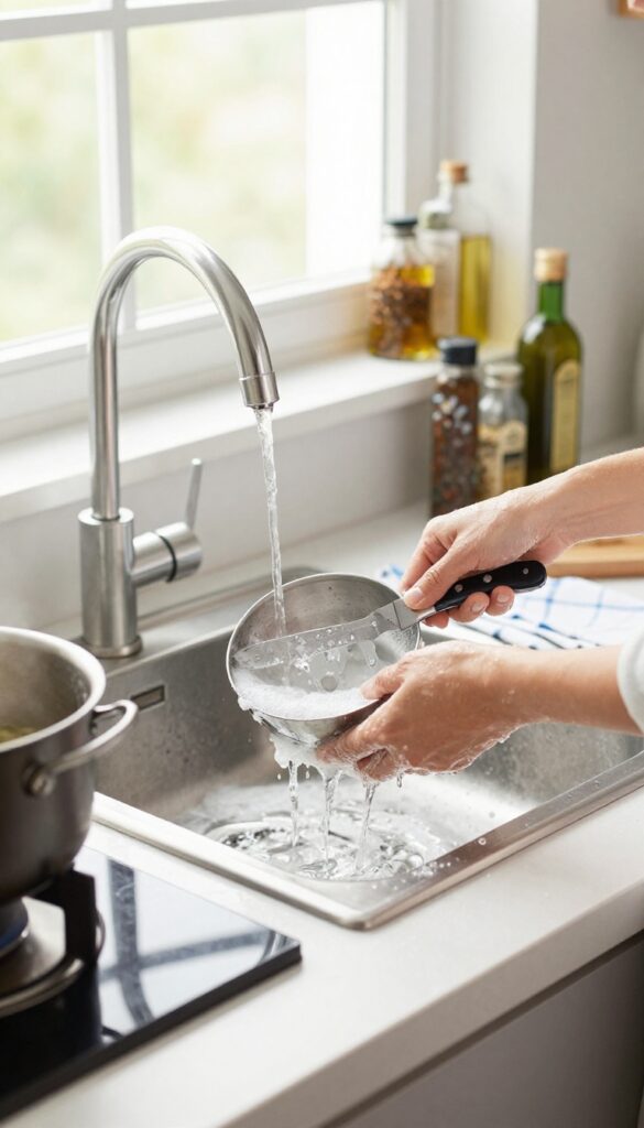 A person washing dishes in a sink while cooking, with a clean counter and simmering pot, illustrating the clean as you cook habit.