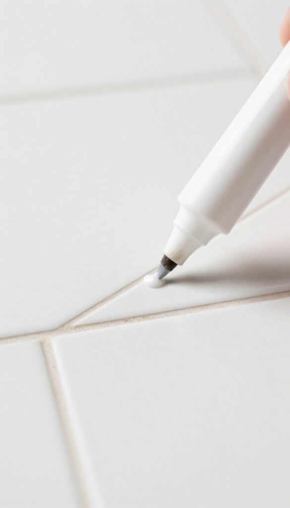 Close-up of bleach pen applying gel to a stained grout line on a white tile floor