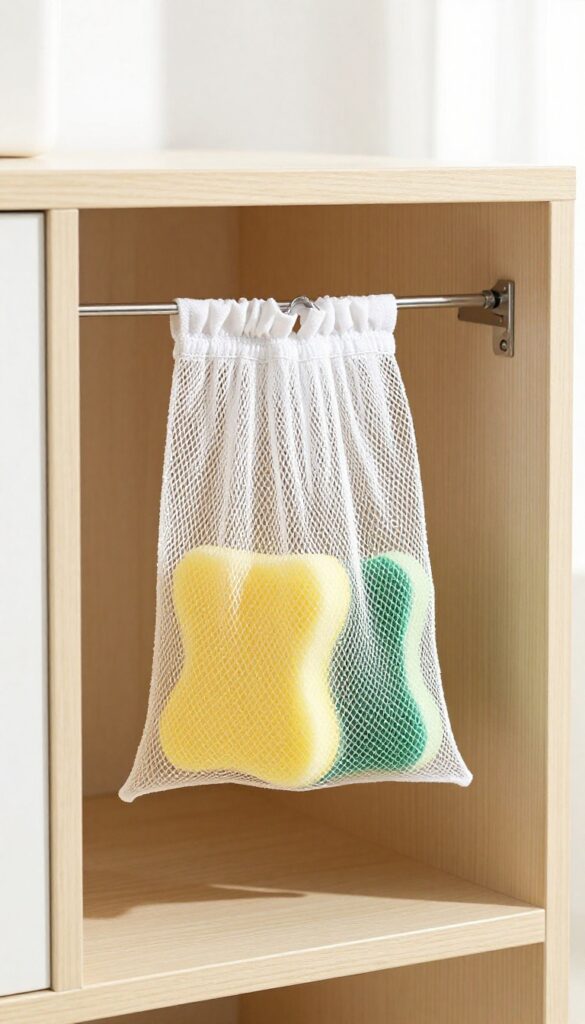 Mesh bag hanging inside cabinet door holding sponges and scrubbers for air drying