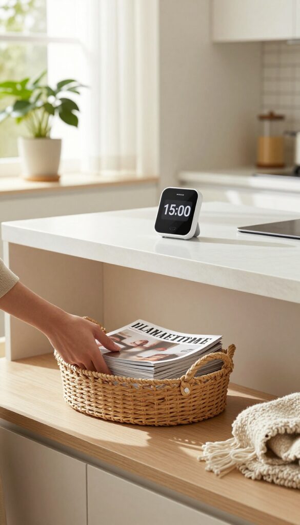 Person cleaning with a timer on the counter, organizing magazines into a basket in a sunlit living room.