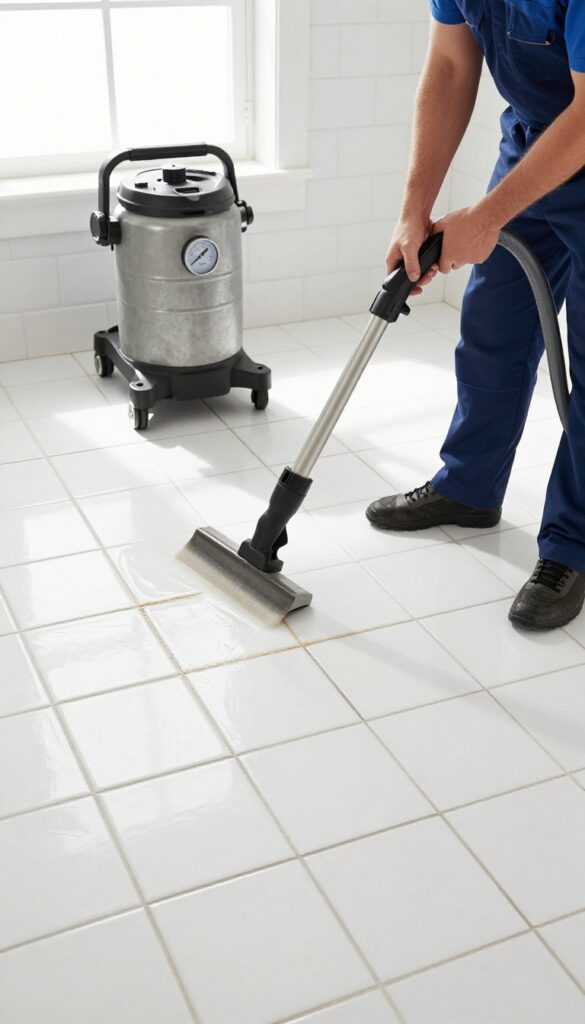 Professional grout cleaning service using steam cleaner on bathroom floor tiles