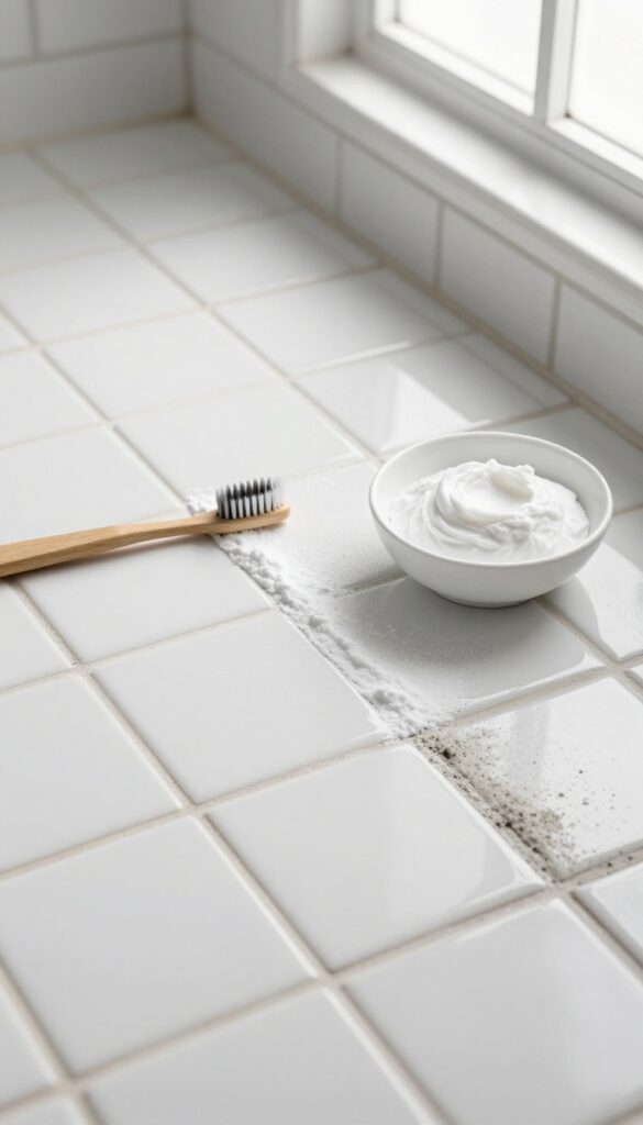 Cleaning bathroom grout lines with baking soda paste and a toothbrush, before and after effect