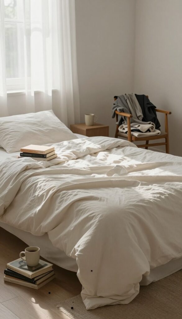 Cozy bedroom with made bed, books on nightstand, and clothes on chair, showing a lived-in but tidy space.
