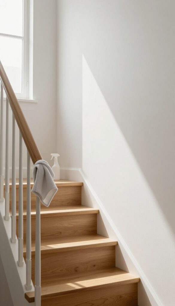 Person wiping a clean wooden stair railing with a cloth in a bright hallway