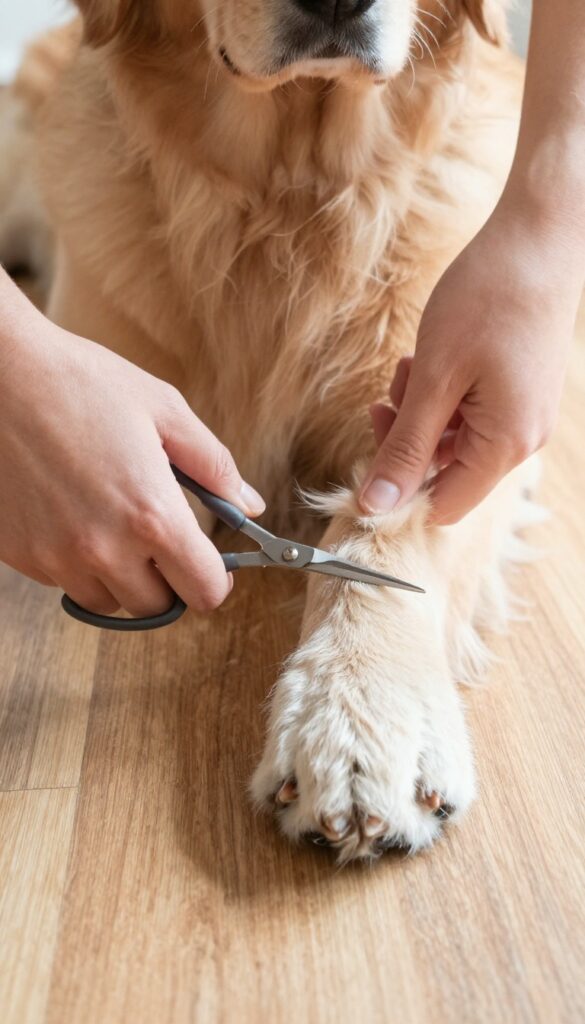 Person trimming paw fur between dog's pads with blunt scissors on hardwood floor