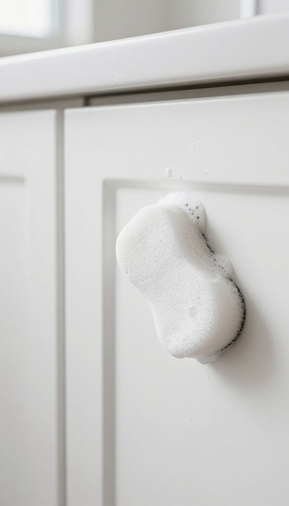A magic eraser sponge cleaning a stubborn grease spot on a white kitchen cabinet door