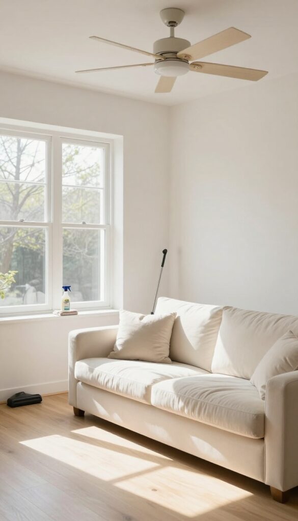 Bright living room with clean windows, plush sofa, and dust-free ceiling fan, ready for spring refresh