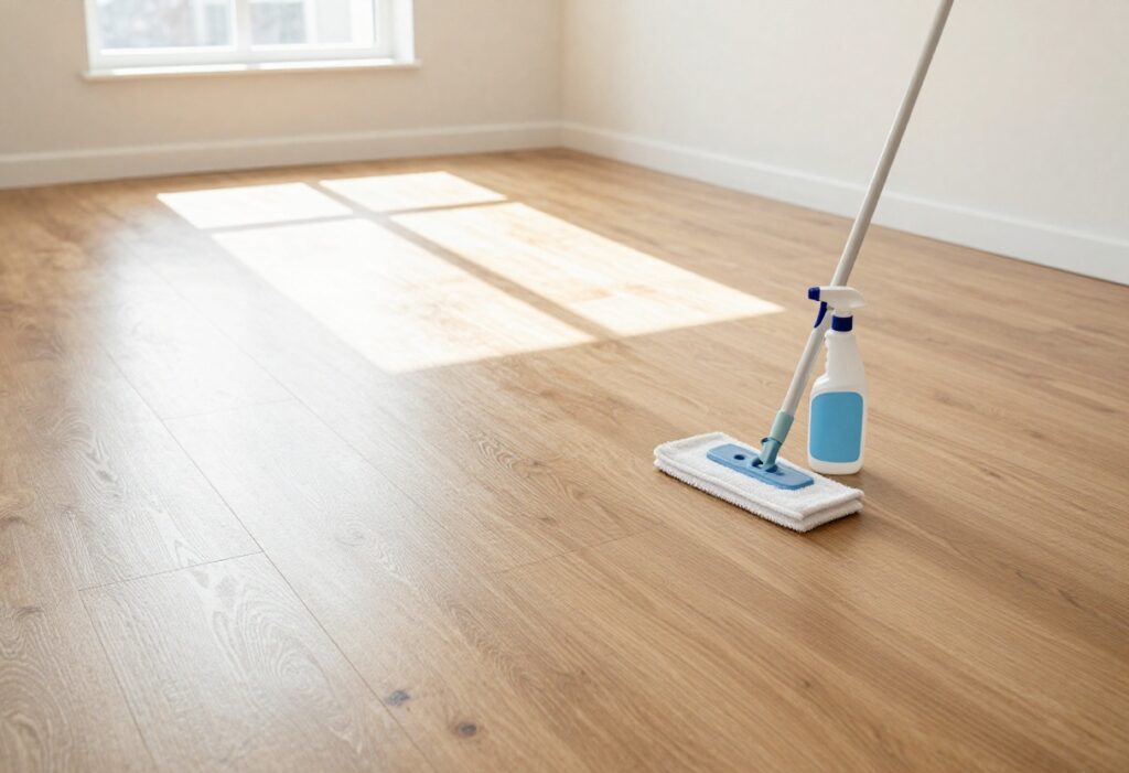 Clean laminate floor with microfiber mop and spray bottle