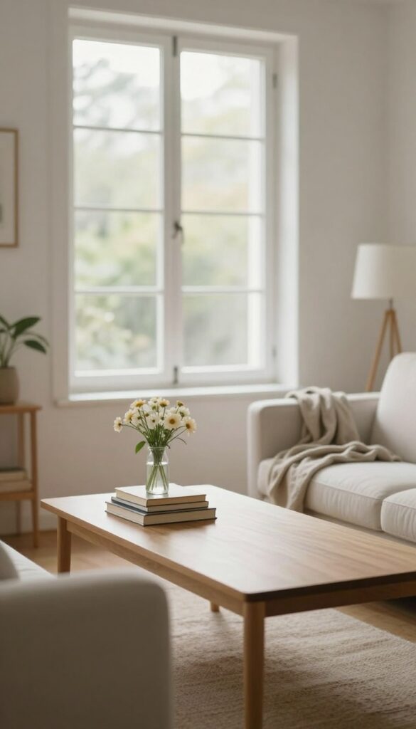 A cozy living room with a clean coffee table, folded blanket, and natural light, representing a daily 10-minute tidy routine.