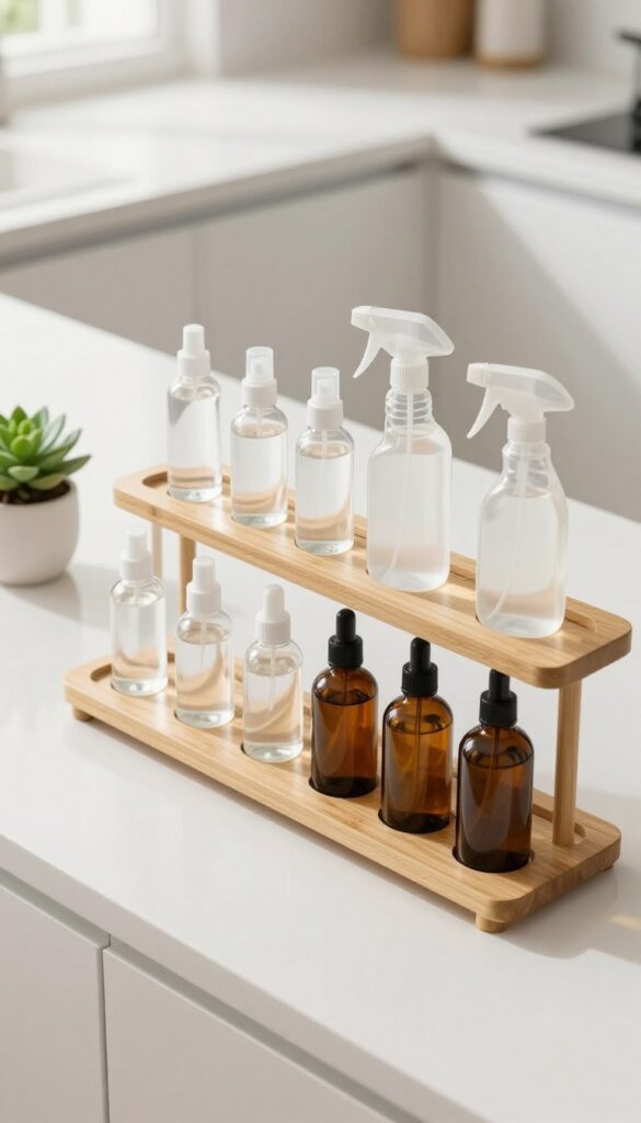 Bamboo tiered shelf on a kitchen countertop holding small cleaning bottles, neatly organized by category, with natural light and a succulent.