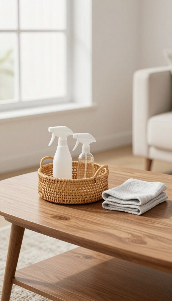 Cleaning caddy with supplies on a coffee table in a bright living room