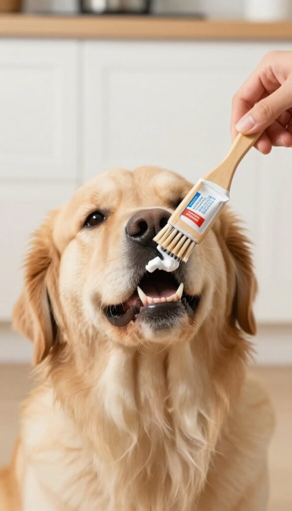 Brushing a dog's teeth with a finger brush and dog-safe toothpaste