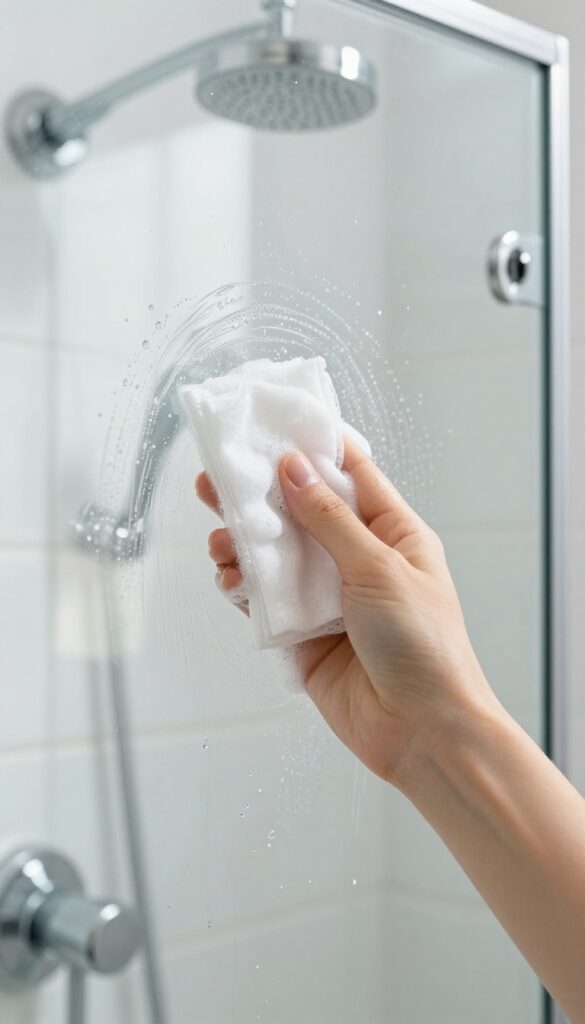 Hand cleaning shower glass with a dryer sheet, removing soap scum and water spots in a bright bathroom.