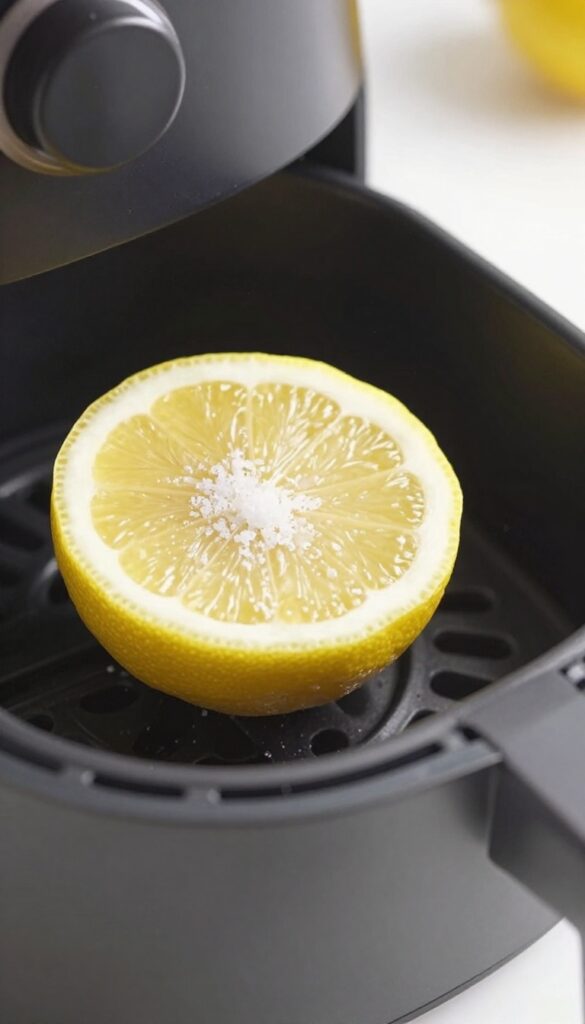 Air fryer basket with lemon and salt for cleaning burnt cheese