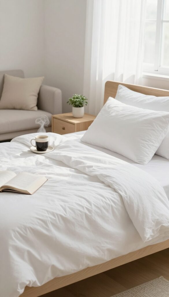 A tidy bedroom with made bed and morning light, representing a 10-minute morning tidy routine.
