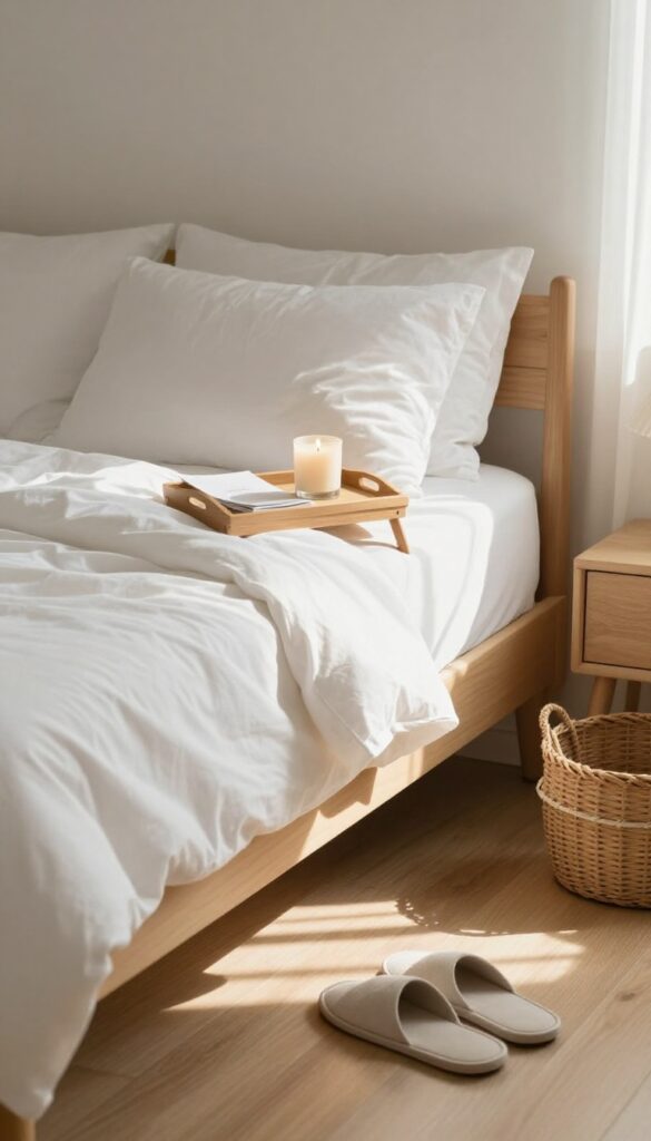 A calm bedroom with a made bed, natural light, and a tidy nightstand, representing a weekly maintenance routine for a clean sleep space.