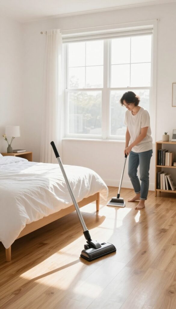 Person vacuuming a clean hardwood floor in a sunlit bedroom