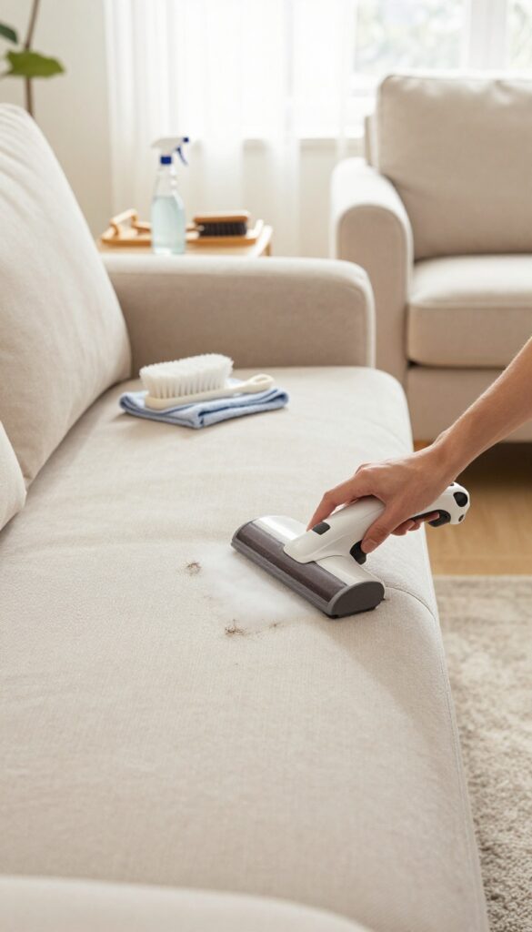 A person vacuuming a beige sofa with an upholstery attachment in a bright living room, with cleaning supplies on the coffee table.