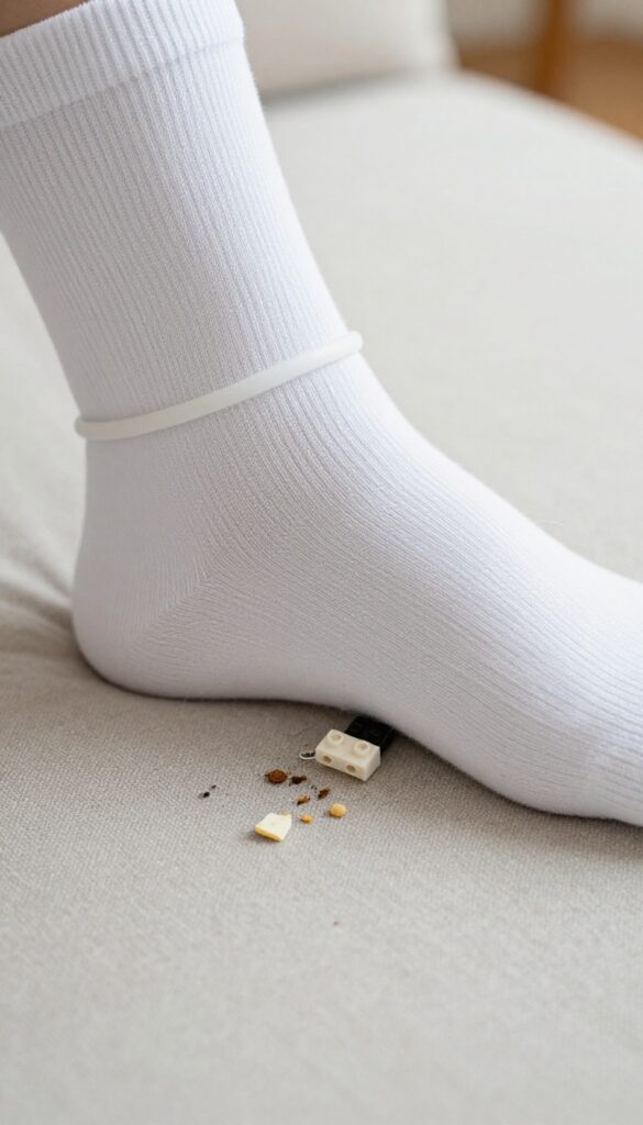 Vacuum hose with sock attachment picking up small debris and lost items from couch crevice