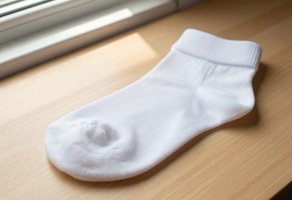Bright white socks on a wooden surface in sunlight