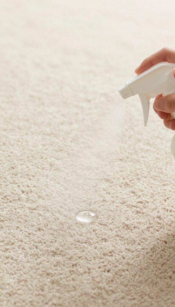 Spray bottle of carpet protector on a clean carpet with water beading up on the fibers
