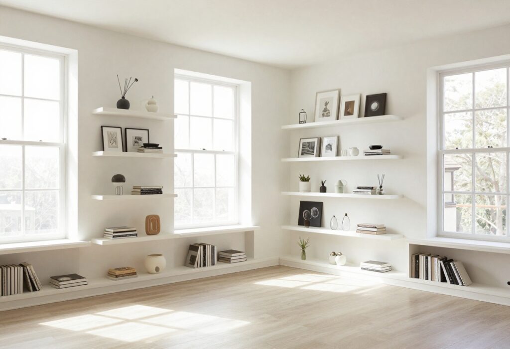 A clutter-free living room with organized shelves and natural light