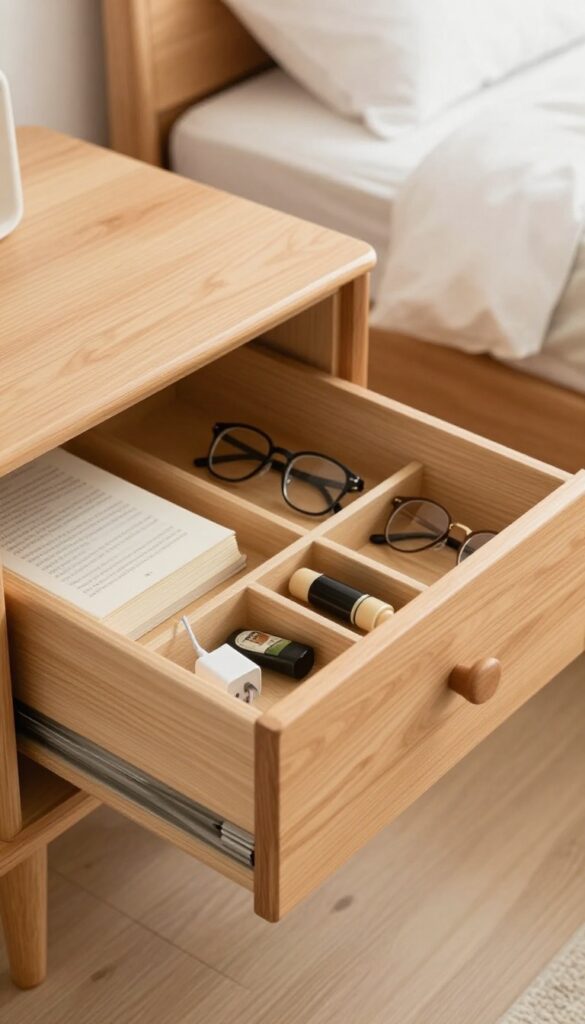 Organized nightstand drawer with dividers and essentials