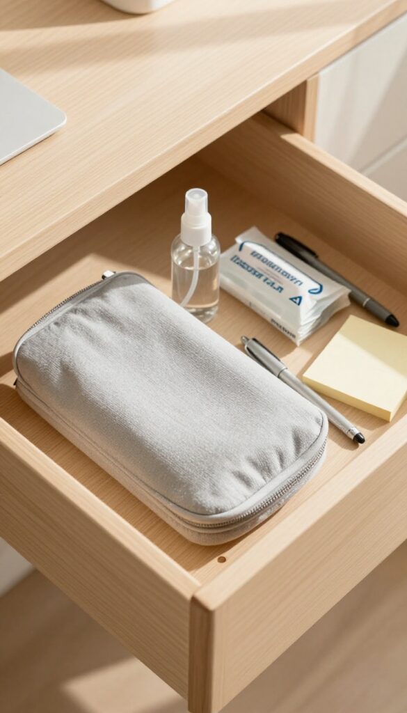 Organized desk drawer with a cleaning kit in a pouch, including microfiber cloth, spray bottle, and wipes.