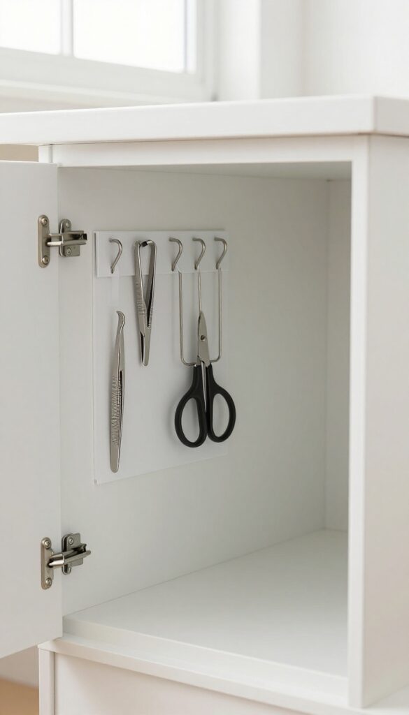 Open cleaning cupboard with magnetic strip holding metal tools inside door