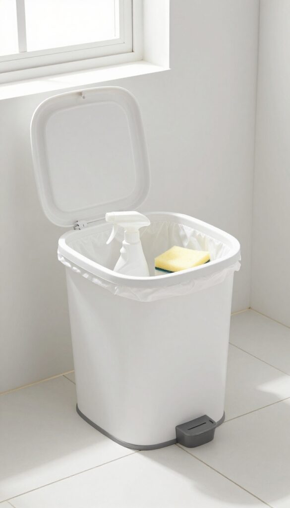 A clean white bathroom trash can with a fresh liner, disinfectant spray, and sponge on the floor